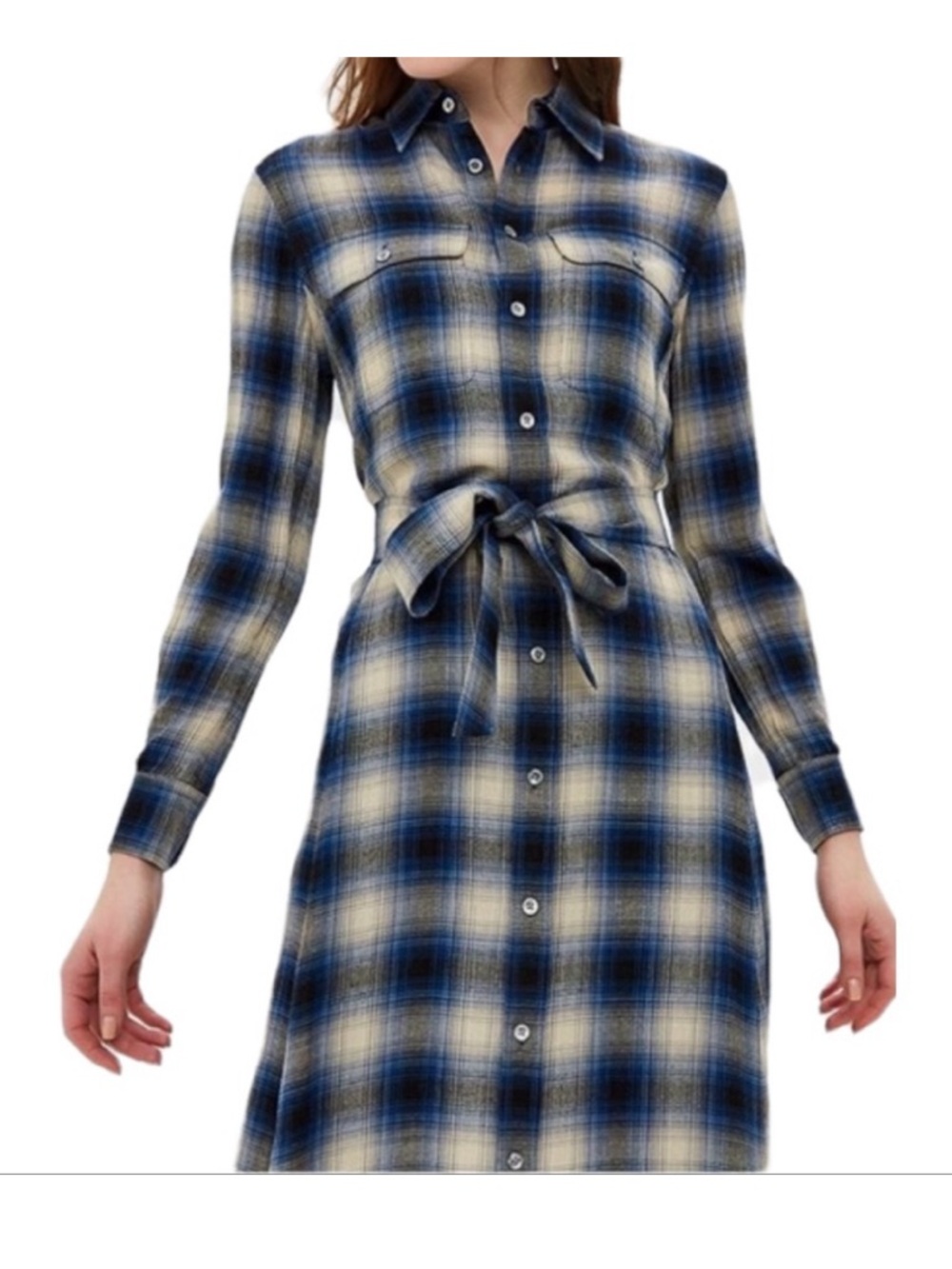 New Polo Ralph Lauren Plaid Button-Front Shirt Dress with Waist Tie - Blue Sz 10